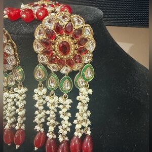 Pakistani Indian Desi Red & Green Kundan Pearl Drop Earrings